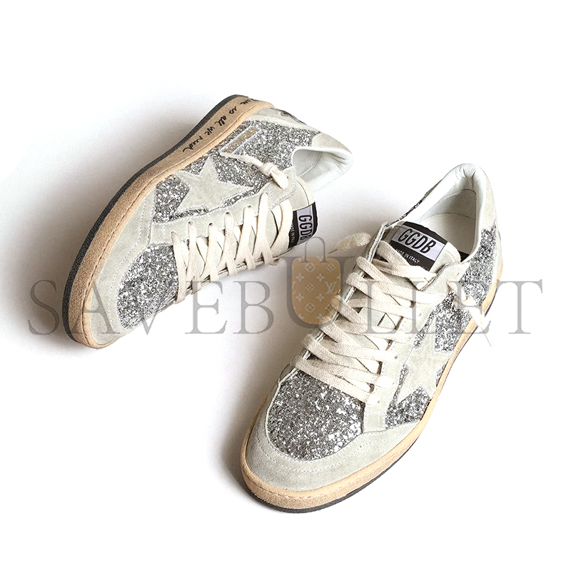GOLDEN GOOSE WOMEN’S BALL STAR IN SILVER GLITTER WITH ICE-GRAY SUEDE INSERTS GWF00117